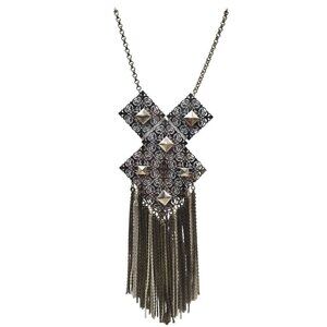 Vintage Boho Chic Long Fringe Necklace With Geometric Metal Accents